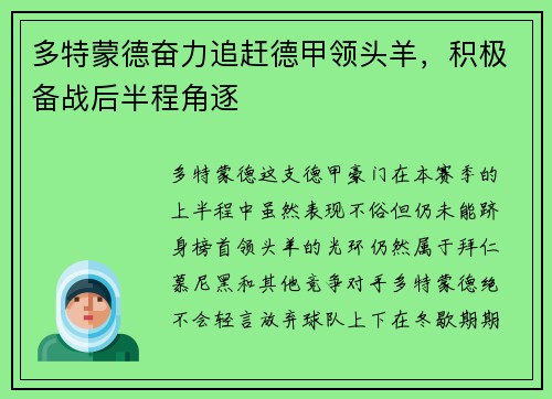 多特蒙德奋力追赶德甲领头羊，积极备战后半程角逐