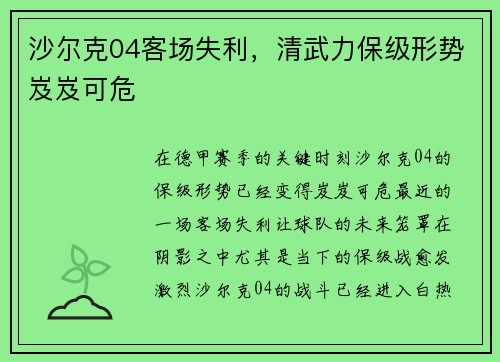 沙尔克04客场失利，清武力保级形势岌岌可危