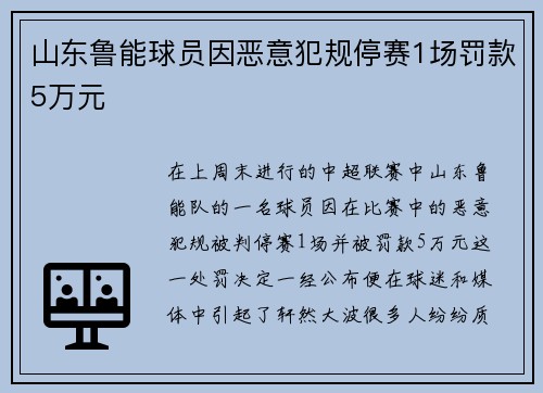 山东鲁能球员因恶意犯规停赛1场罚款5万元