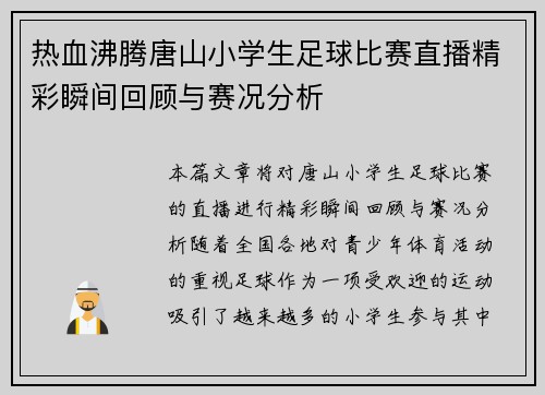 热血沸腾唐山小学生足球比赛直播精彩瞬间回顾与赛况分析