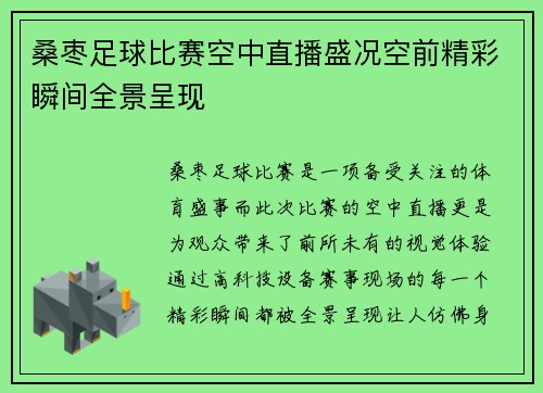 桑枣足球比赛空中直播盛况空前精彩瞬间全景呈现